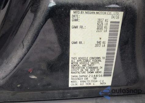 2016 Nissan Altima 2.5 Sl from USA, damaged, VIN 1N4AL3APXGC214856